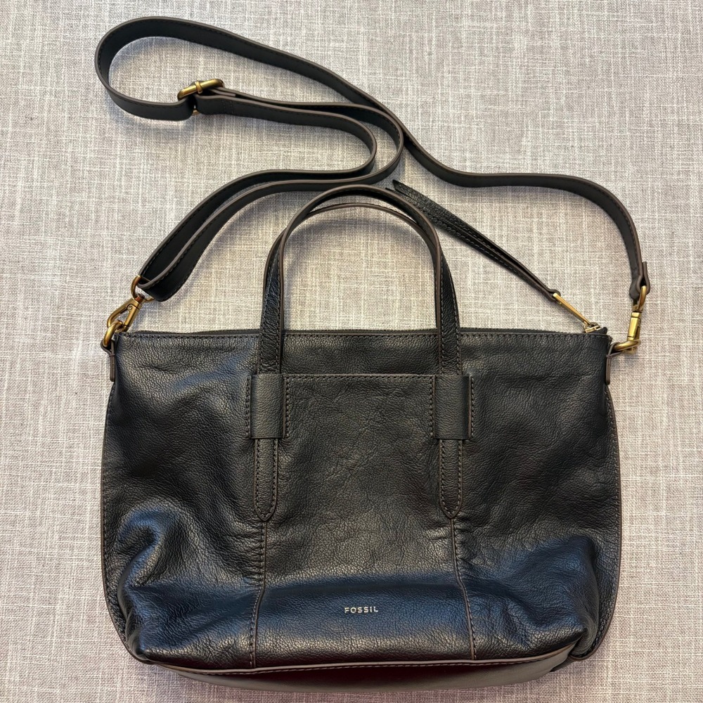 Fossil Rachel Satchel Black Pebbled Leather Crossbody Bag ZB7256 Gold Hardware